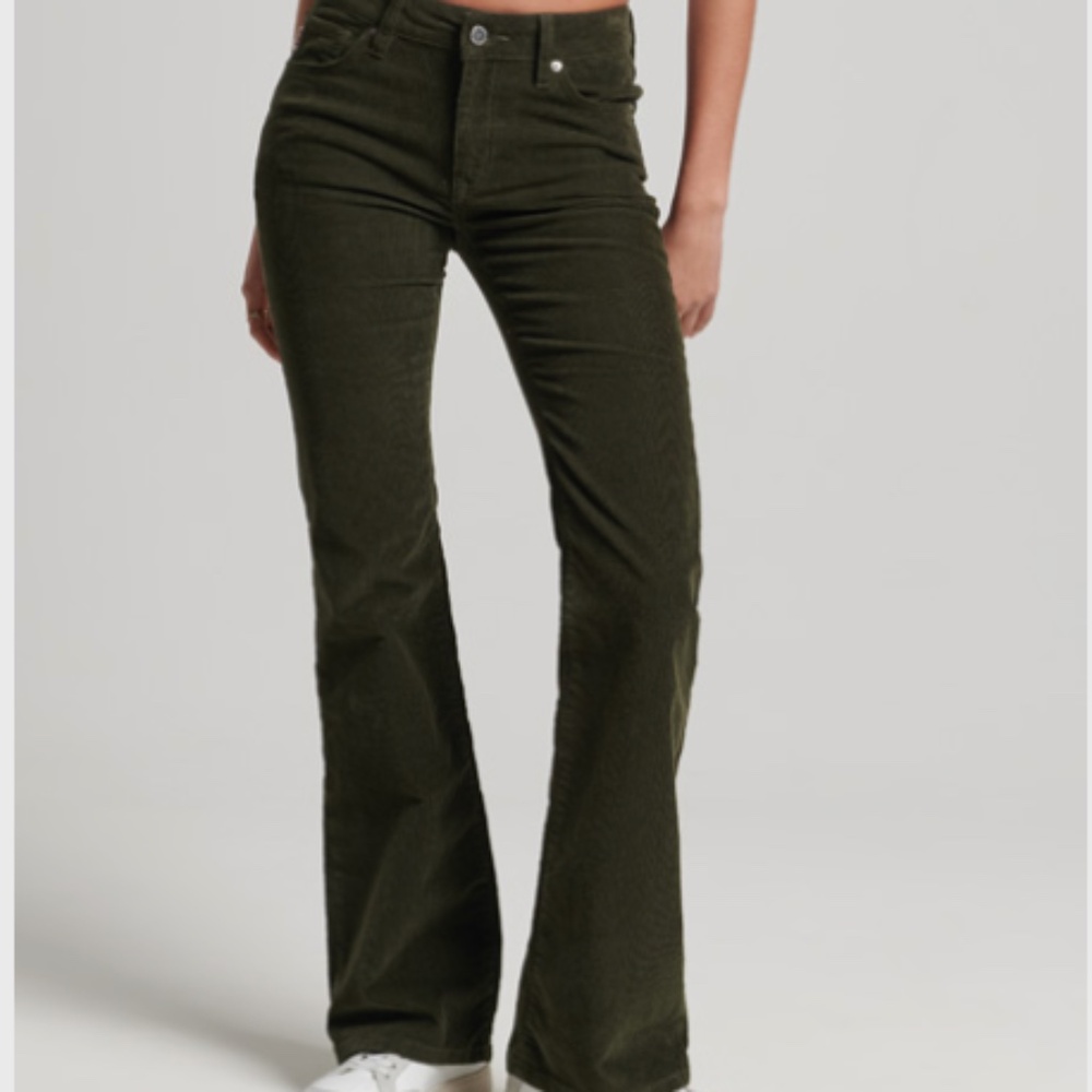 Superdry Mid Rise Slim Cord Flare Jeans in Olive